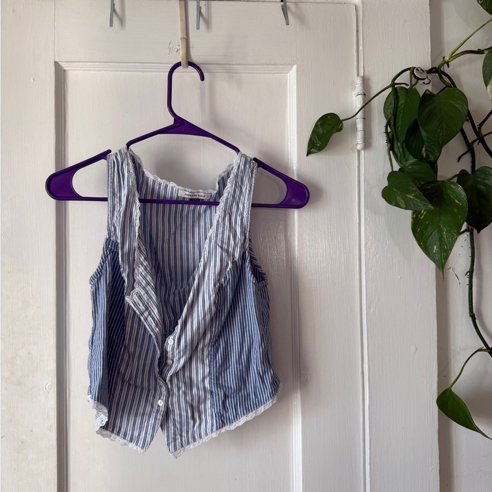 American Eagle Blue and White Striped Lace Trim Top